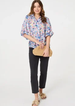 Izabel London Blue Printed Puff Sleeve Collared Shirt