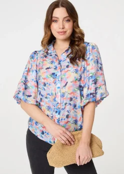 Izabel London Blue Printed Puff Sleeve Collared Shirt