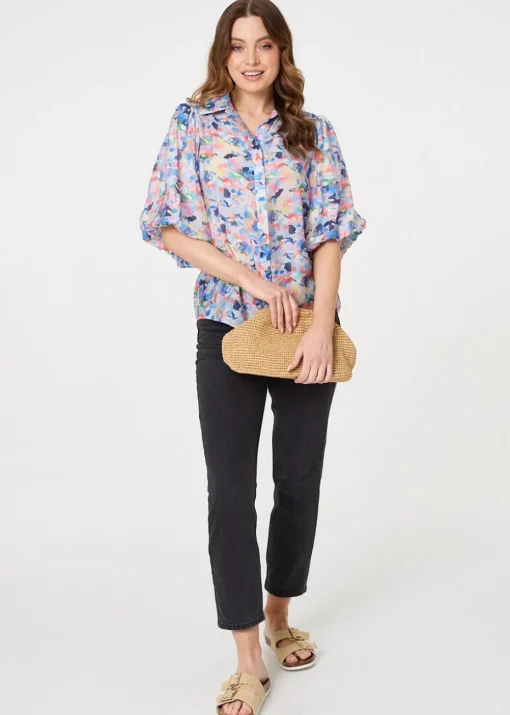 Izabel London Blue Printed Puff Sleeve Collared Shirt