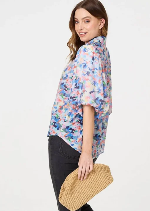 Izabel London Blue Printed Puff Sleeve Collared Shirt