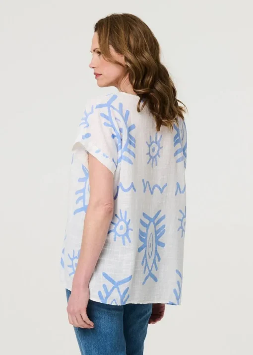 Izabel London Blue Printed Short Sleeve Relaxed Blouse