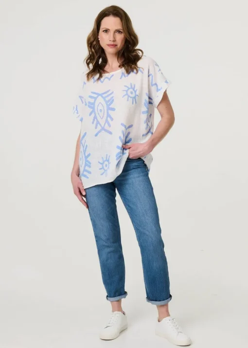 Izabel London Blue Printed Short Sleeve Relaxed Blouse