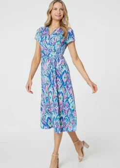Izabel London Blue Printed Ruched Faux-Wrap Midi Dress