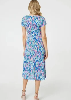 Izabel London Blue Printed Ruched Faux-Wrap Midi Dress