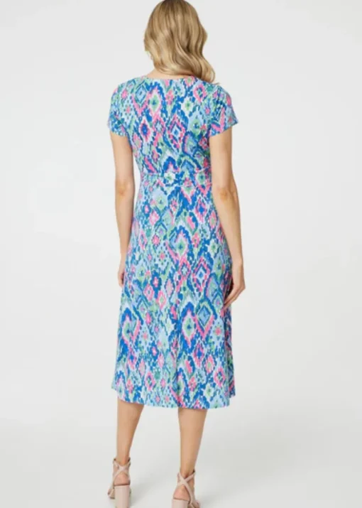 Izabel London Blue Printed Ruched Faux-Wrap Midi Dress