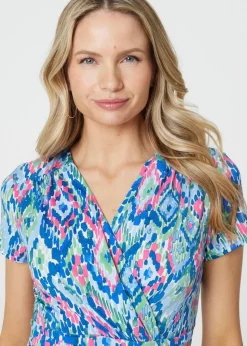 Izabel London Blue Printed Ruched Faux-Wrap Midi Dress
