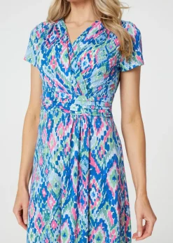 Izabel London Blue Printed Ruched Faux-Wrap Midi Dress