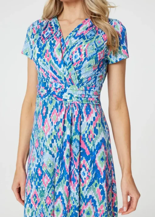 Izabel London Blue Printed Ruched Faux-Wrap Midi Dress