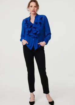 Izabel London Blue Sheer Ruffled V-Neck Long Sleeve Blouse