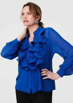 Izabel London Blue Sheer Ruffled V-Neck Long Sleeve Blouse