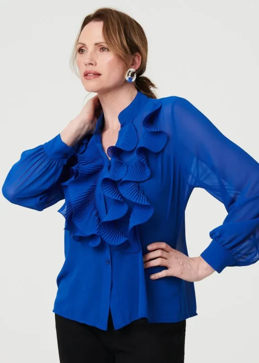 Izabel London Blue Sheer Ruffled V-Neck Long Sleeve Blouse