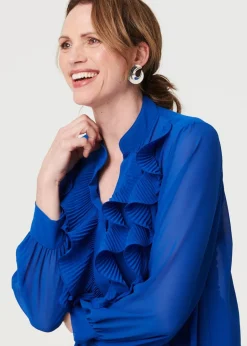 Izabel London Blue Sheer Ruffled V-Neck Long Sleeve Blouse