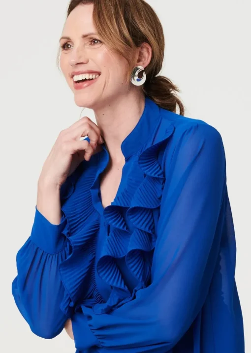 Izabel London Blue Sheer Ruffled V-Neck Long Sleeve Blouse