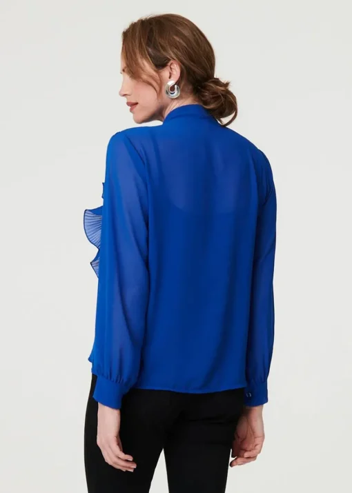 Izabel London Blue Sheer Ruffled V-Neck Long Sleeve Blouse