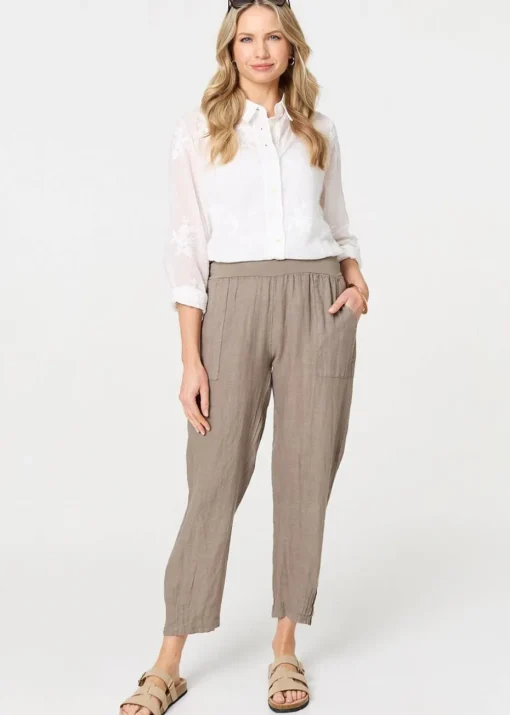 Izabel London Brown Relaxed Linen Blend Tapered Trousers