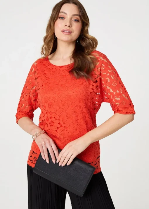 Izabel London Coral Floral Lace 3/4 Sleeve Relaxed Blouse