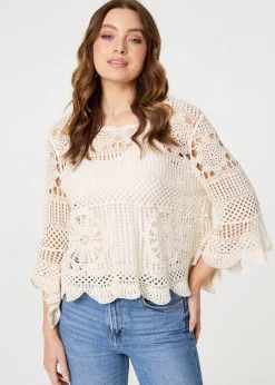 Izabel London Cream Crochet Lace 3/4 Sleeve Top