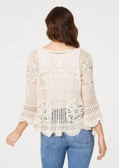 Izabel London Cream Crochet Lace 3/4 Sleeve Top