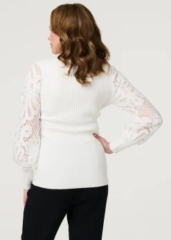 Izabel London Cream Floral Lace Puff Sleeve Fitted Knit Top