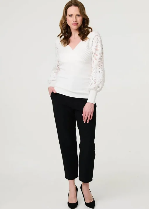 Izabel London Cream Floral Lace Puff Sleeve Fitted Knit Top