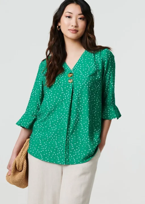 Izabel London Green Ditsy Floral Flare Sleeve Blouse