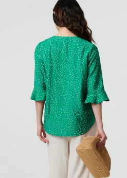 Izabel London Green Ditsy Floral Flare Sleeve Blouse