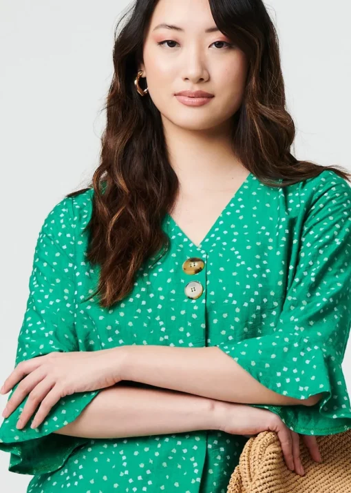 Izabel London Green Ditsy Floral Flare Sleeve Blouse