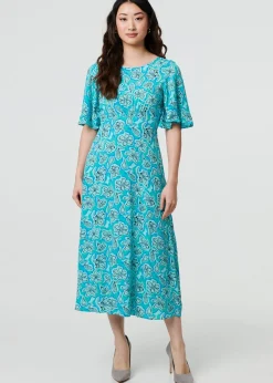 Izabel London Green Floral Flare Sleeve Midi Dress