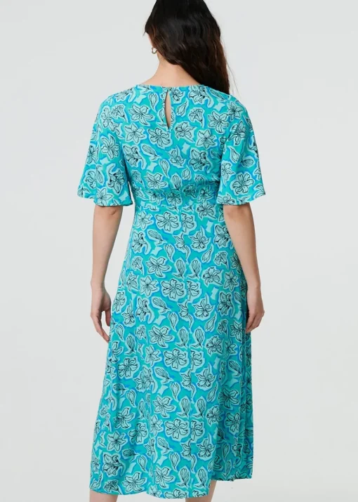 Izabel London Green Floral Flare Sleeve Midi Dress