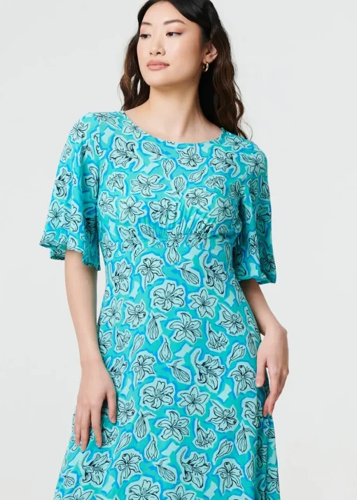 Izabel London Green Floral Flare Sleeve Midi Dress