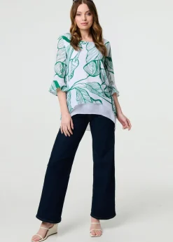 Izabel London Green Leaf Print 3/4 Sleeve Layered Tunic Top
