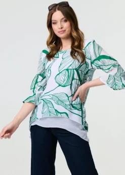 Izabel London Green Leaf Print 3/4 Sleeve Layered Tunic Top