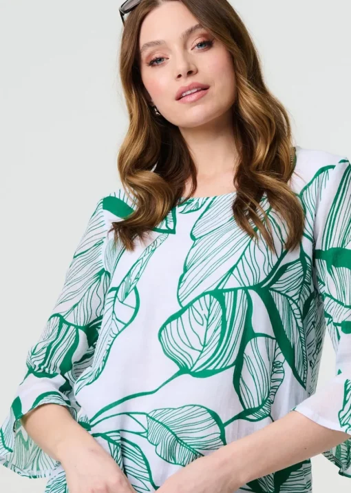 Izabel London Green Leaf Print 3/4 Sleeve Layered Tunic Top