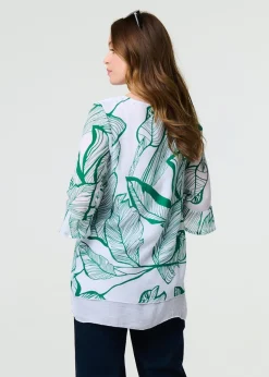 Izabel London Green Leaf Print 3/4 Sleeve Layered Tunic Top