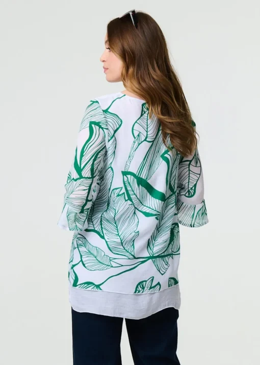 Izabel London Green Leaf Print 3/4 Sleeve Layered Tunic Top