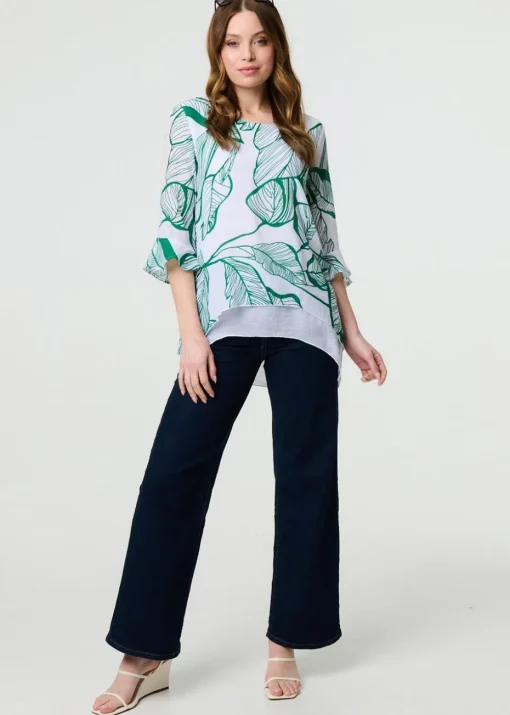 Izabel London Green Leaf Print 3/4 Sleeve Layered Tunic Top