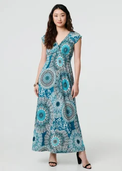 Izabel London Green Mosaic Print Cap Sleeve Empire Maxi Dress