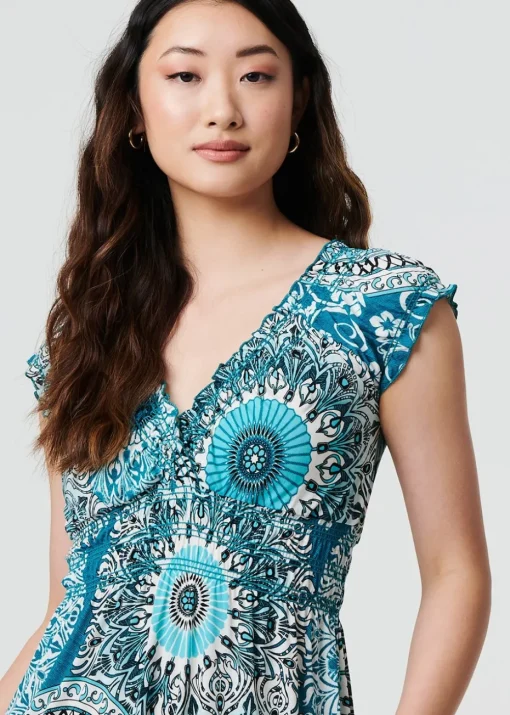 Izabel London Green Mosaic Print Cap Sleeve Empire Maxi Dress