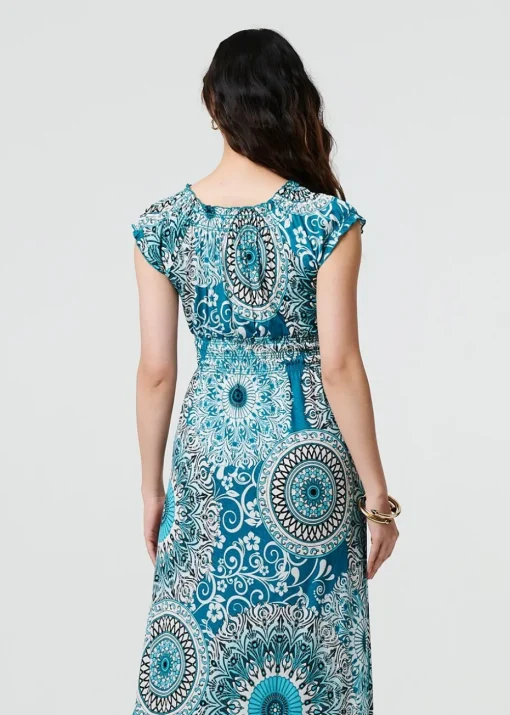 Izabel London Green Mosaic Print Cap Sleeve Empire Maxi Dress