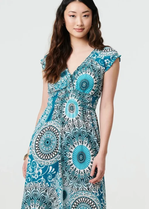 Izabel London Green Mosaic Print Cap Sleeve Empire Maxi Dress