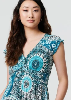Izabel London Green Mosaic Print Cap Sleeve Empire Maxi Dress