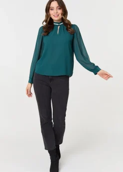 Izabel London Green Sparkle Trim High Neck Semi Sheer Blouse