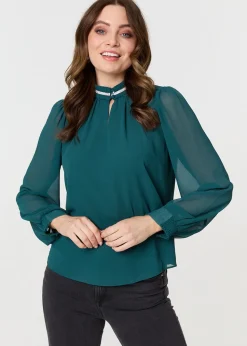 Izabel London Green Sparkle Trim High Neck Semi Sheer Blouse