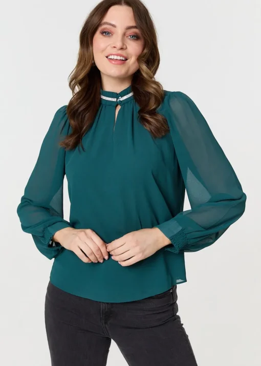 Izabel London Green Sparkle Trim High Neck Semi Sheer Blouse