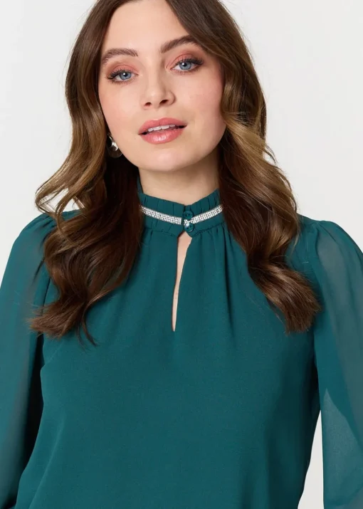 Izabel London Green Sparkle Trim High Neck Semi Sheer Blouse