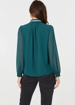 Izabel London Green Sparkle Trim High Neck Semi Sheer Blouse
