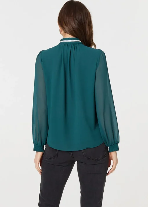 Izabel London Green Sparkle Trim High Neck Semi Sheer Blouse