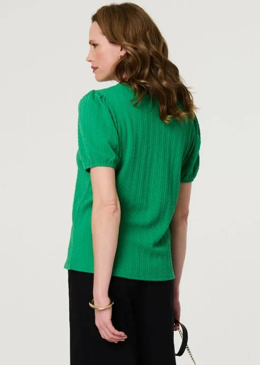Izabel London Green Textured Knit Short Puff Sleeve Top
