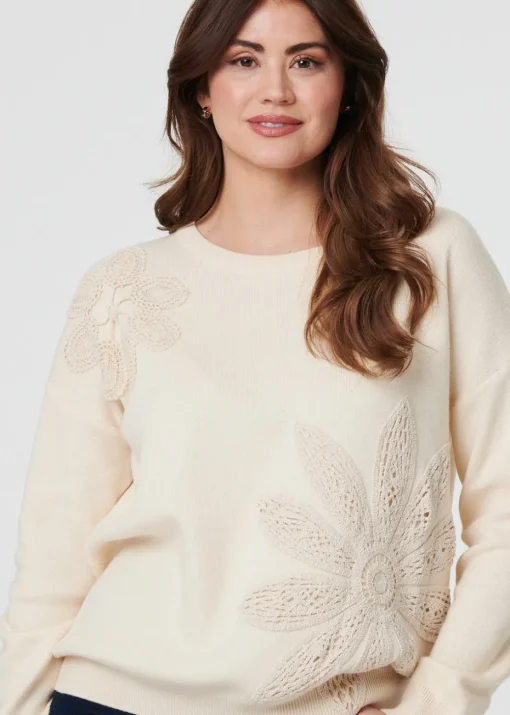 Izabel London Ivory Floral Embroidered Drop Shoulder Jumper