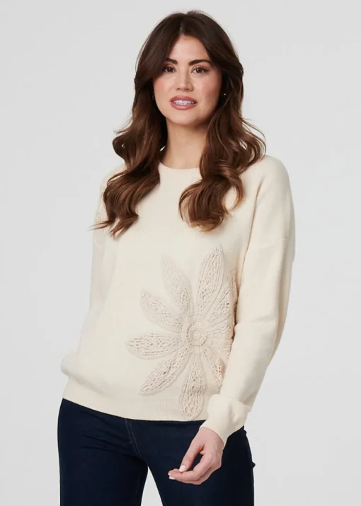 Izabel London Ivory Floral Embroidered Drop Shoulder Jumper